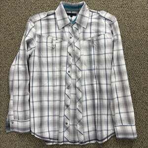 Sinful Mens Long Sleeve Pearl Snap Plaid Western Shirt Gray Blue Medium